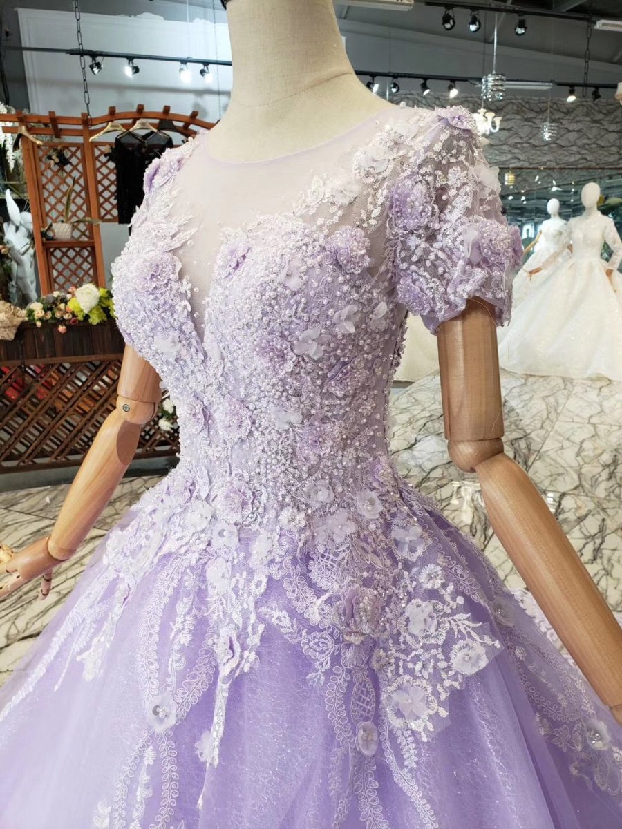 Quinceanera Dress Ball Gown Short Sleeves Beaded Prom Dresses With Appliques - KissProm