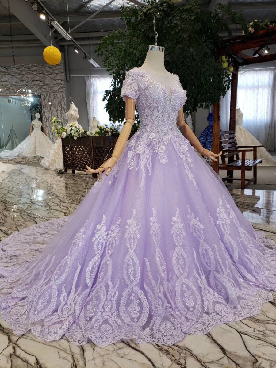 Quinceanera Dress Ball Gown Short Sleeves Beaded Prom Dresses With Appliques - KissProm