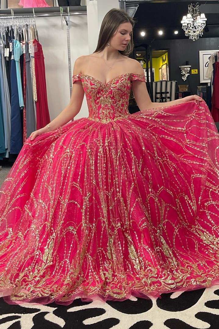 Quinceanera Dress Princess Off - the - Shoulder Red Sequin Lace Ball Gown - KissProm
