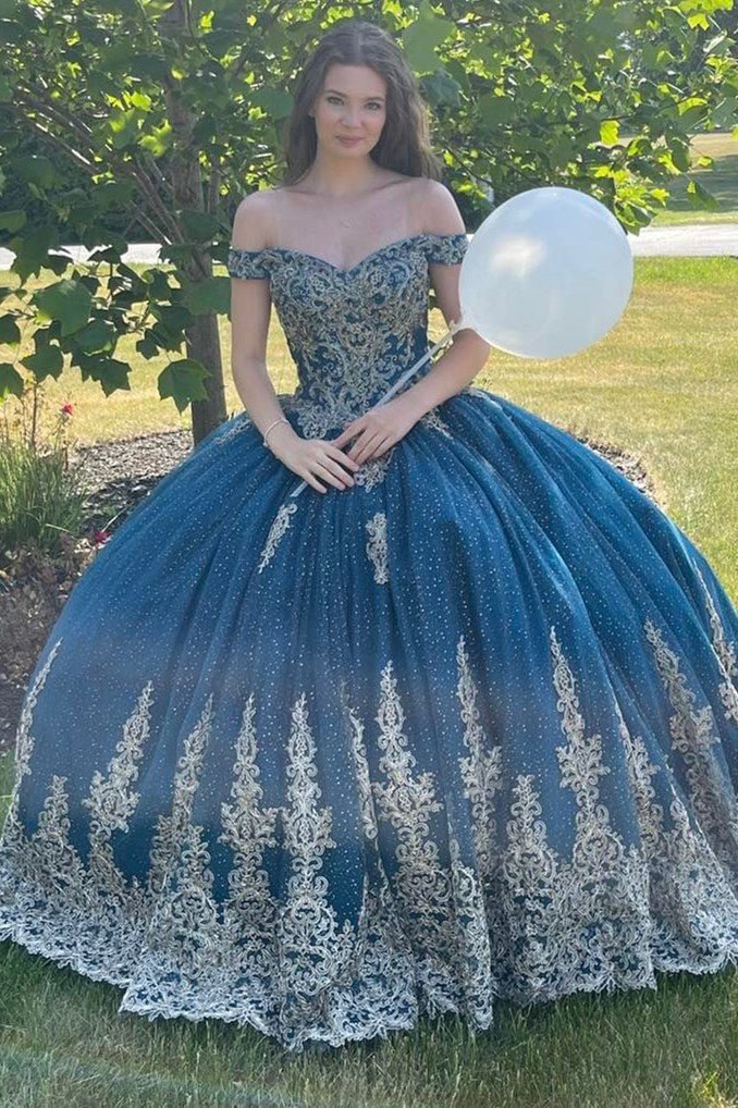 Anahi | Sparkly Navy Blue Off - the - Shoulder Lace Up Back Quinceanera Dress - KissProm