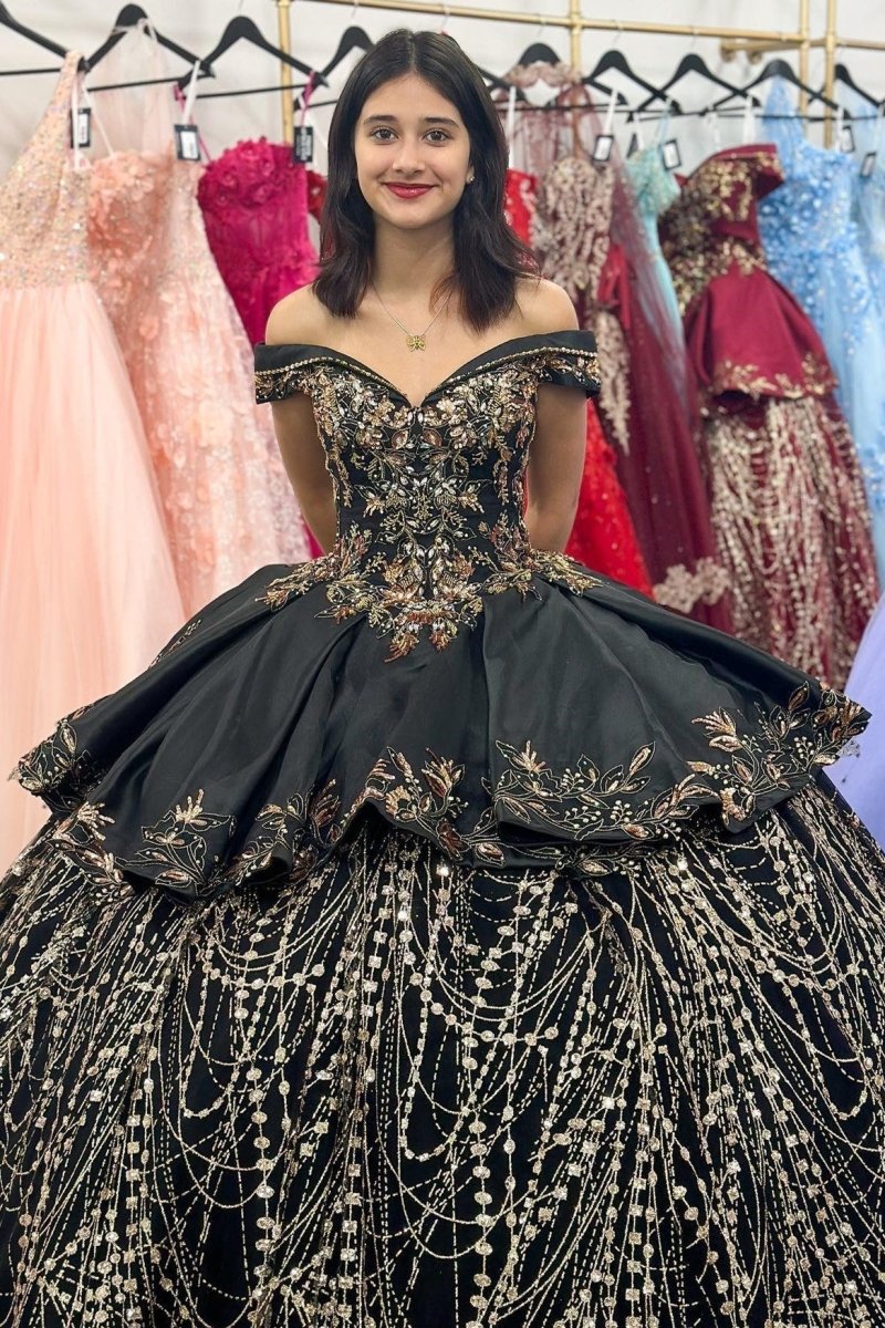 Black Satin Appliques Off - the - Shoulder Quinceanera Dress - KissProm