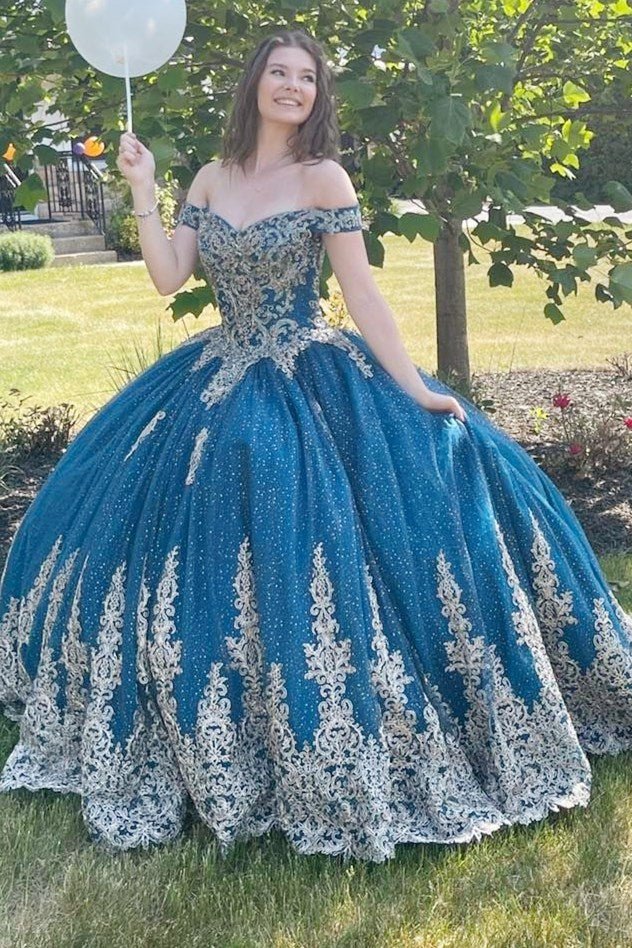 Anahi | Sparkly Navy Blue Off - the - Shoulder Lace Up Back Quinceanera Dress - KissProm