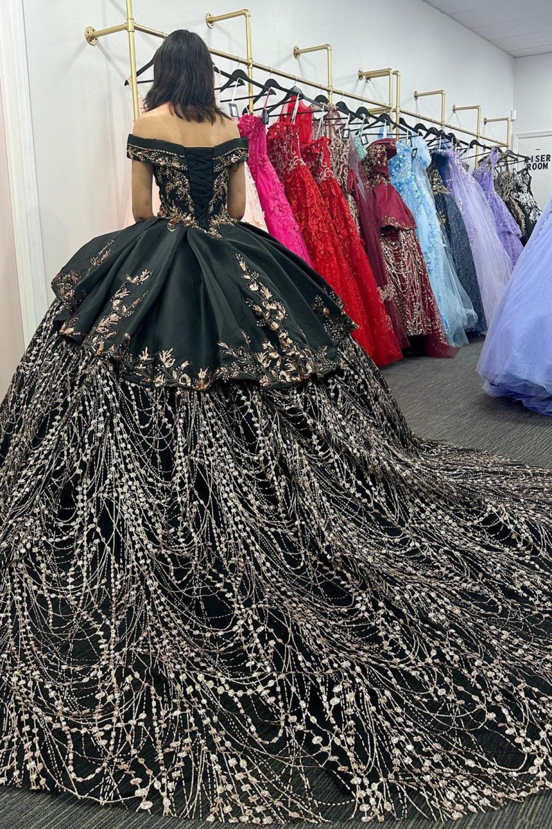 Black Satin Appliques Off - the - Shoulder Quinceanera Dress - KissProm