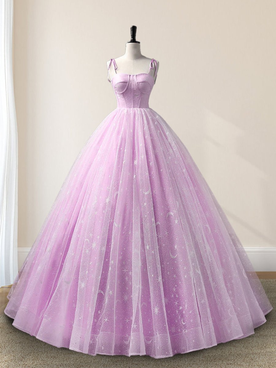 Lilac A-Line Tulle Long Sleeveless Quinceanera Dresses