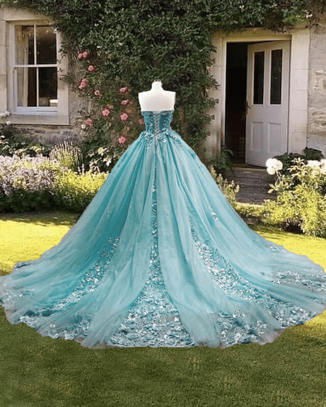 Dusty Blue Sweetheart Ball Gown Quinceanera Dress Strapless with 3D Flowers
