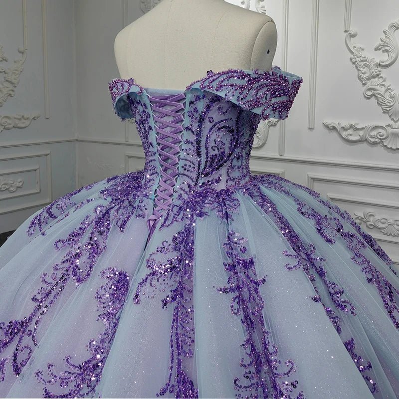 Quinceanera Dress Charming Off - the - shoulder Prom Dresses Appliques Lace Up Ball Gown with Sequins - KissProm