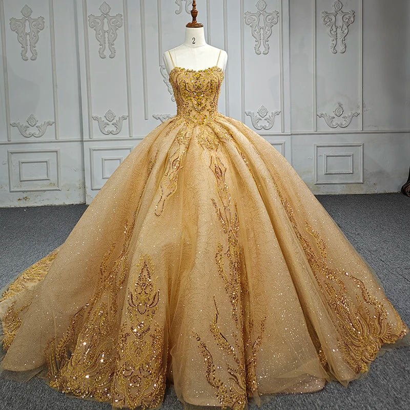 Quinceanera Dress Gold Beading Formal Long Evening Dress Spaghetti Straps Ball Gown - KissProm