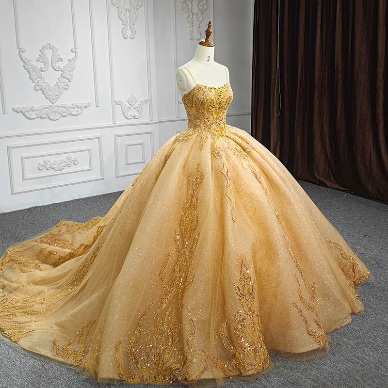 Quinceanera Dress Gold Beading Formal Long Evening Dress Spaghetti Straps Ball Gown - KissProm