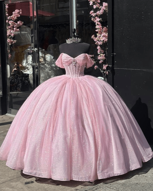 Carine | Glitter Off The Shoulder Pink Ball Gown Quinceanera Dresses