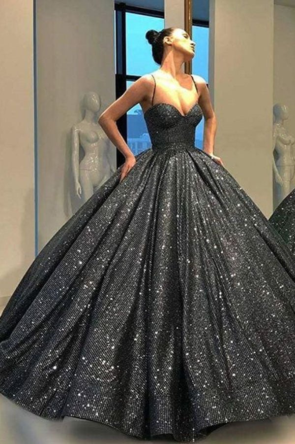 Sweetheart Spaghetti Straps Sequins Ball Gown Black Sparkly Prom Dresses - KissProm