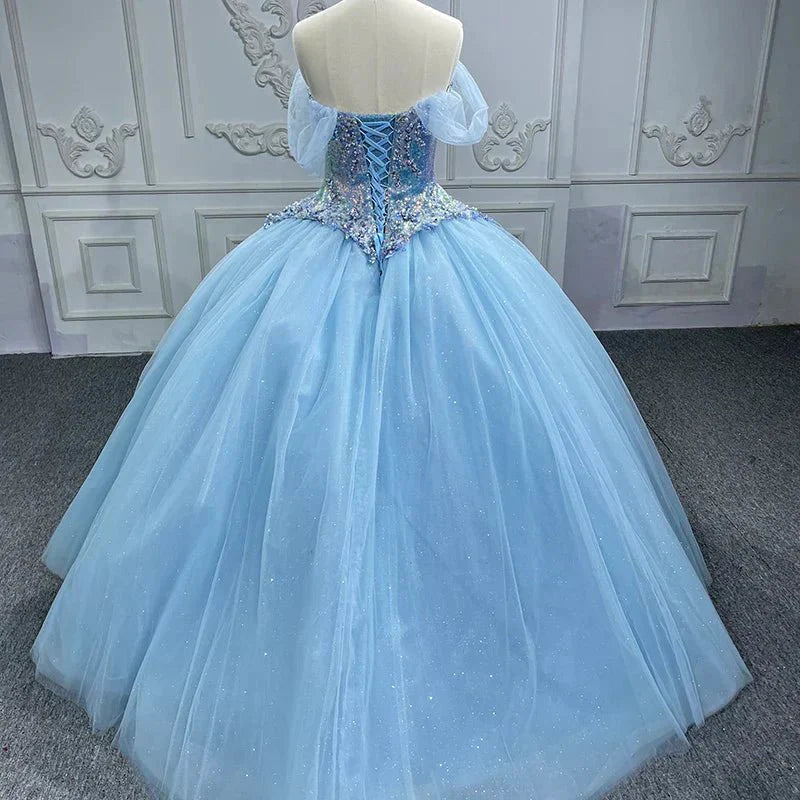 Quinceanera Dress Princess Cap sleeve Ball Gown Sequins Square Collar Evening Party Dresses