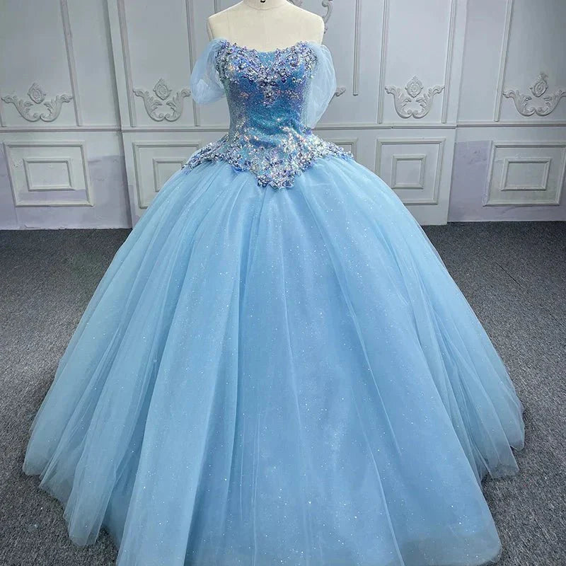 Quinceanera Dress Princess Cap sleeve Ball Gown Sequins Square Collar Evening Party Dresses