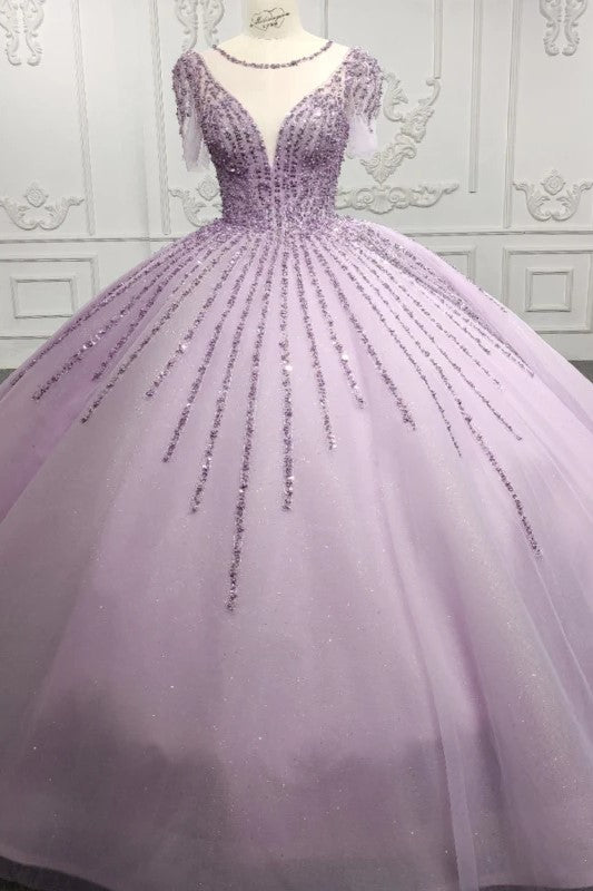 Quinceanera Dress Princess Sheer Neck Long Prom Dresses Short Sleeves Ball Gown - KissProm