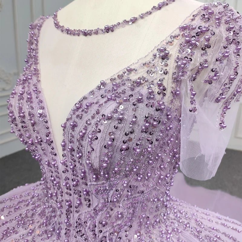 Quinceanera Dress Princess Sheer Neck Long Prom Dresses Short Sleeves Ball Gown - KissProm