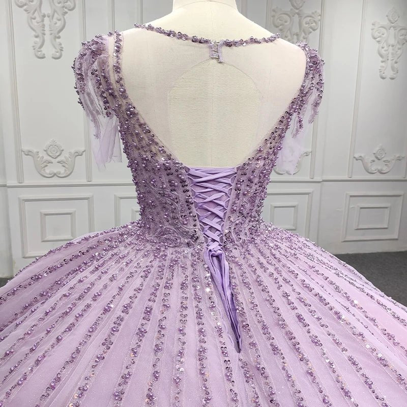 Quinceanera Dress Princess Sheer Neck Long Prom Dresses Short Sleeves Ball Gown - KissProm