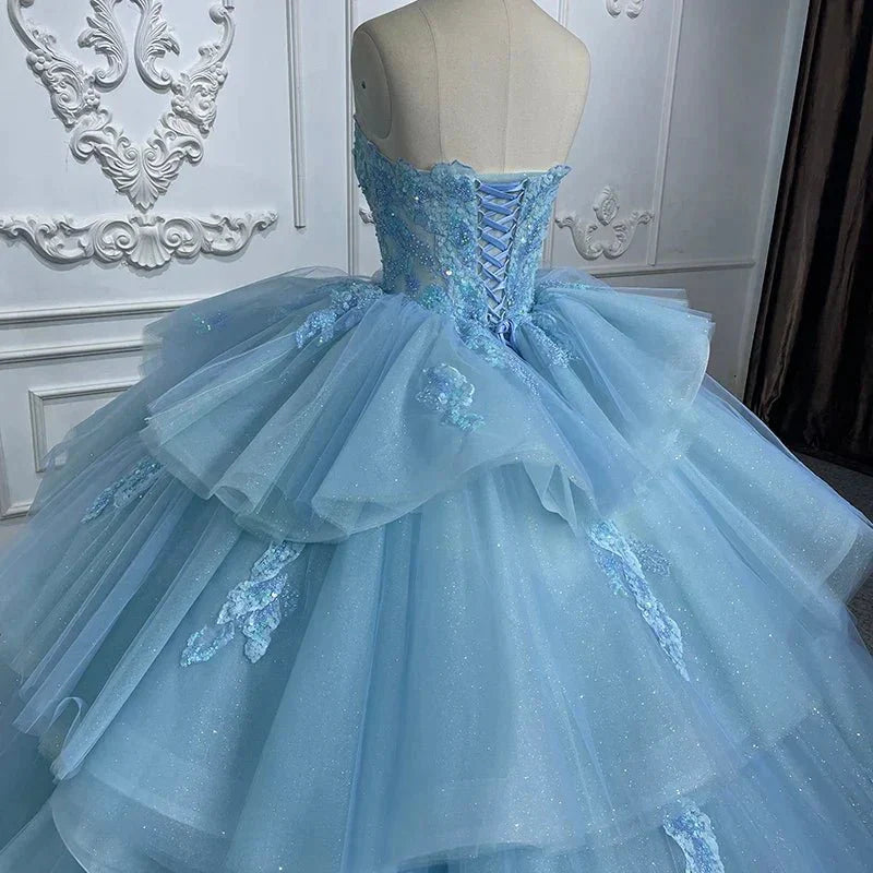 Romantic Princess Sleeveless Quinceanera Dresses Ruffle Strapless Sequins Ball Gown