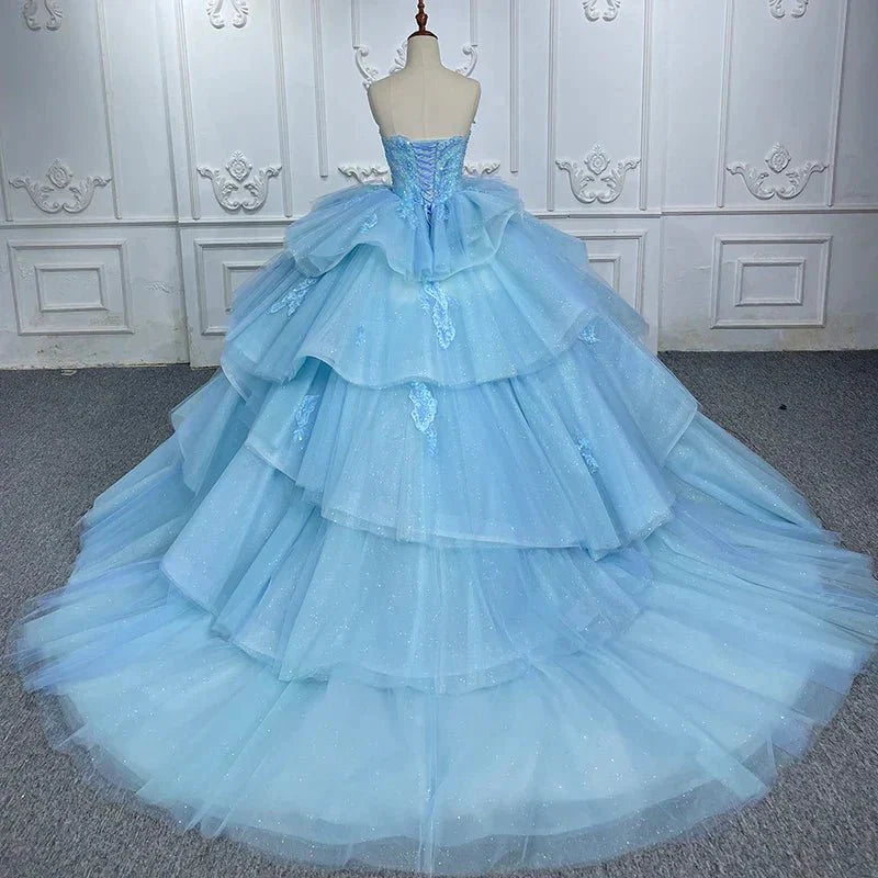 Romantic Princess Sleeveless Quinceanera Dresses Ruffle Strapless Sequins Ball Gown