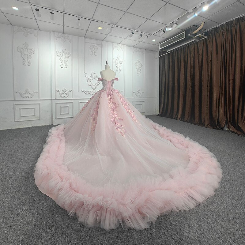 Quinceanera Ball Gown Off-the-Shoulder Sequined Pink Dress