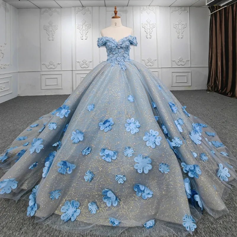 Quinceanera Blue Off - the - Shoulder Ball Gown Flower Dress - KissProm