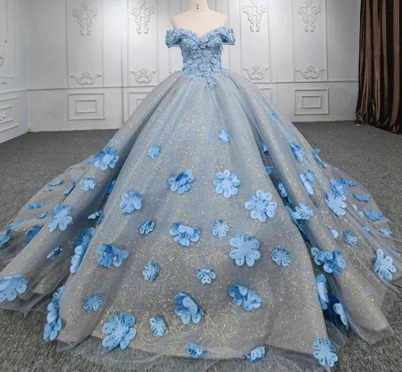Quinceanera Blue Off - the - Shoulder Ball Gown Flower Dress - KissProm