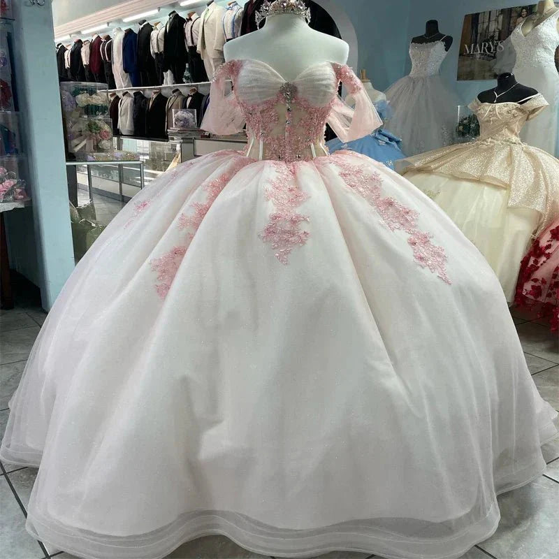 Ball - Gown Tulle Light Pink Off - the - Shoulder Quinceanera Dress with Appliques - KissProm