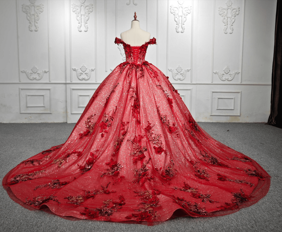Red Flower Off-the-Shoulder Quinceañera Dress