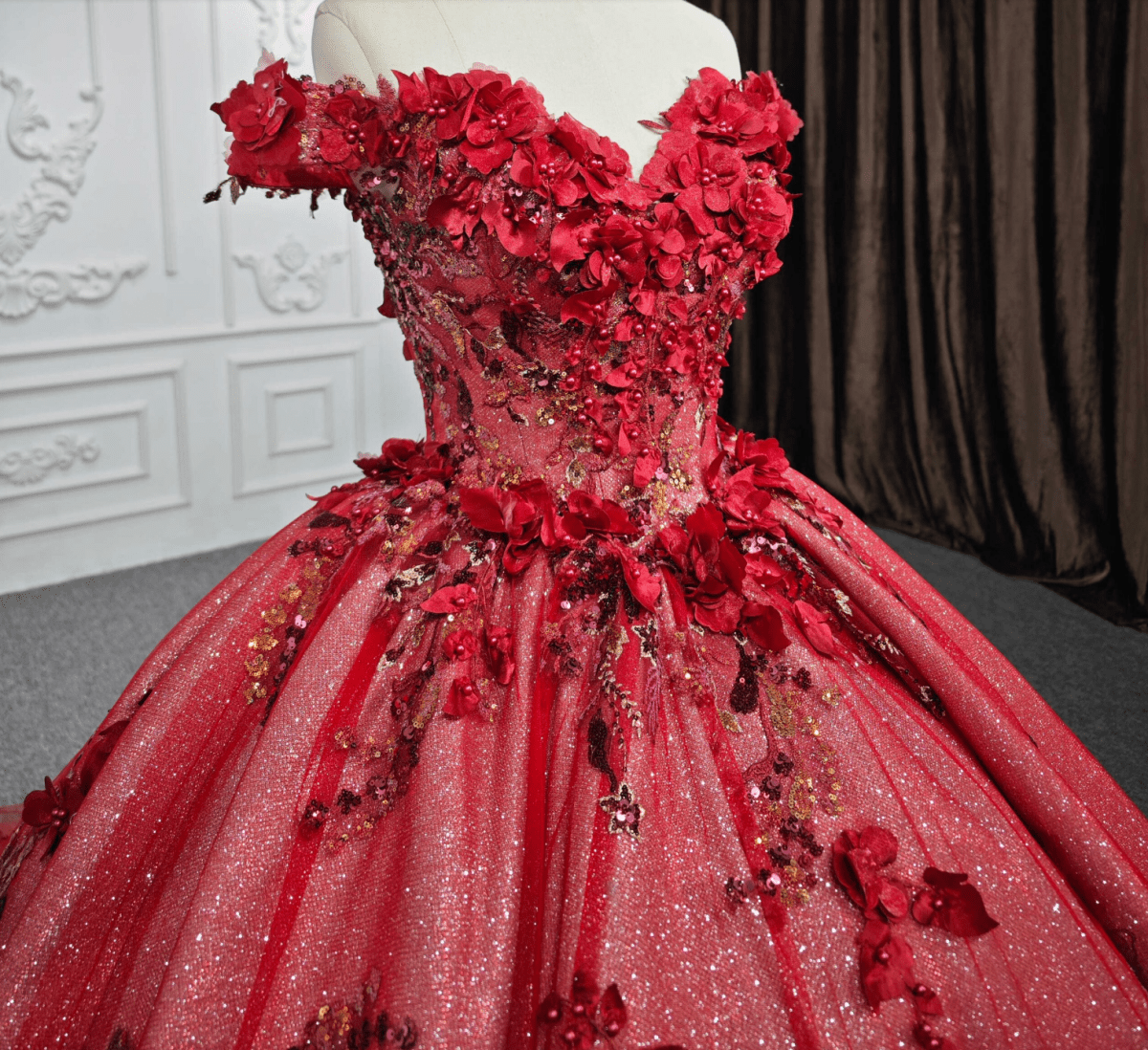 Red Flower Off-the-Shoulder Quinceañera Dress