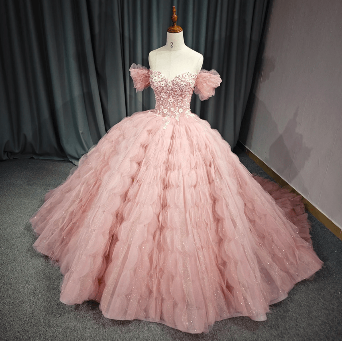Tulle Tufted Pink Floral Quinceañera Ball Gown Dress - KissProm