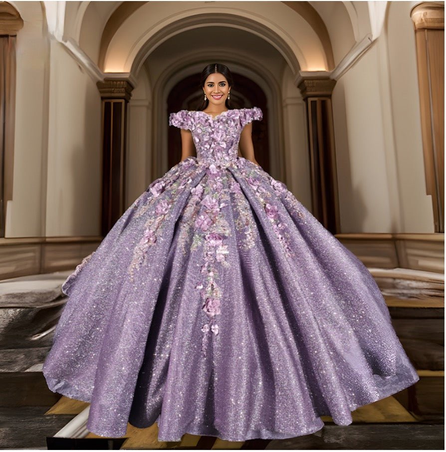 Purple Floral A Line Sequined Party Ball Gown - KissProm