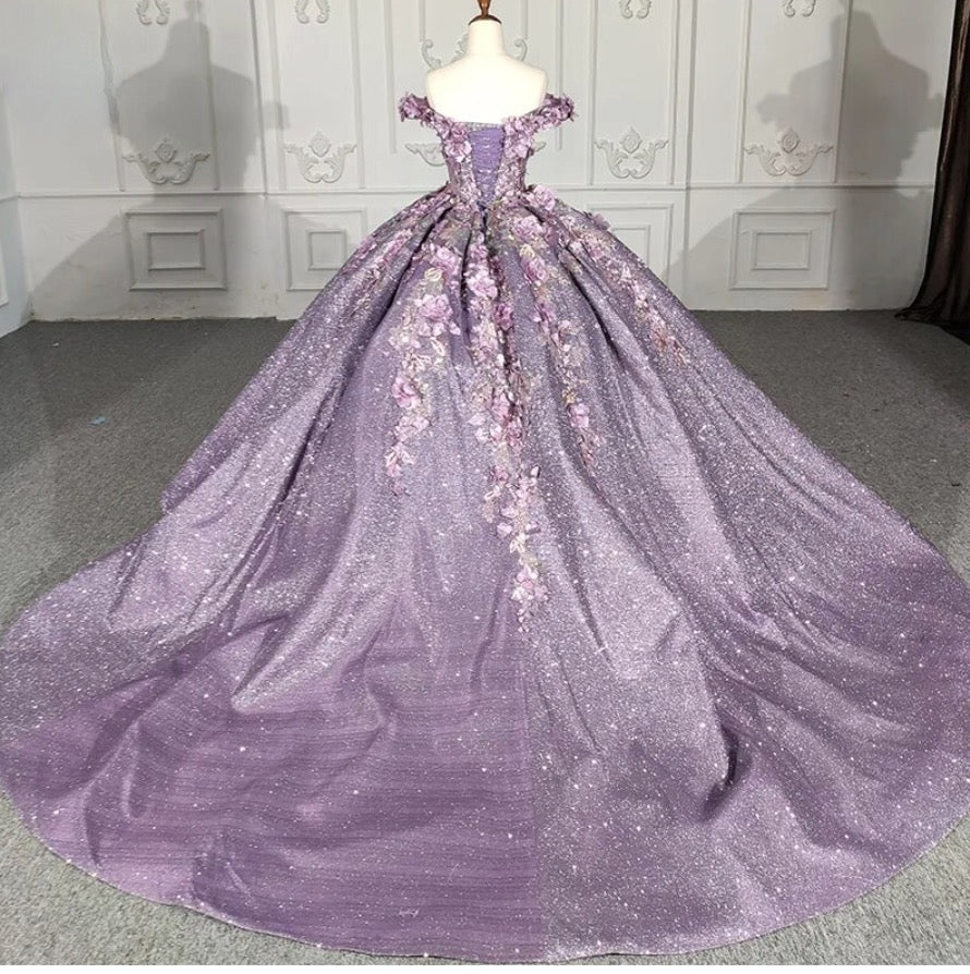 Purple Floral A Line Sequined Party Ball Gown - KissProm