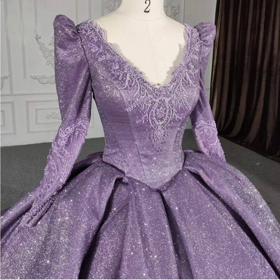 Purple Long Sleeve Full Gather Skirt A Line Party Ball Gown - KissProm