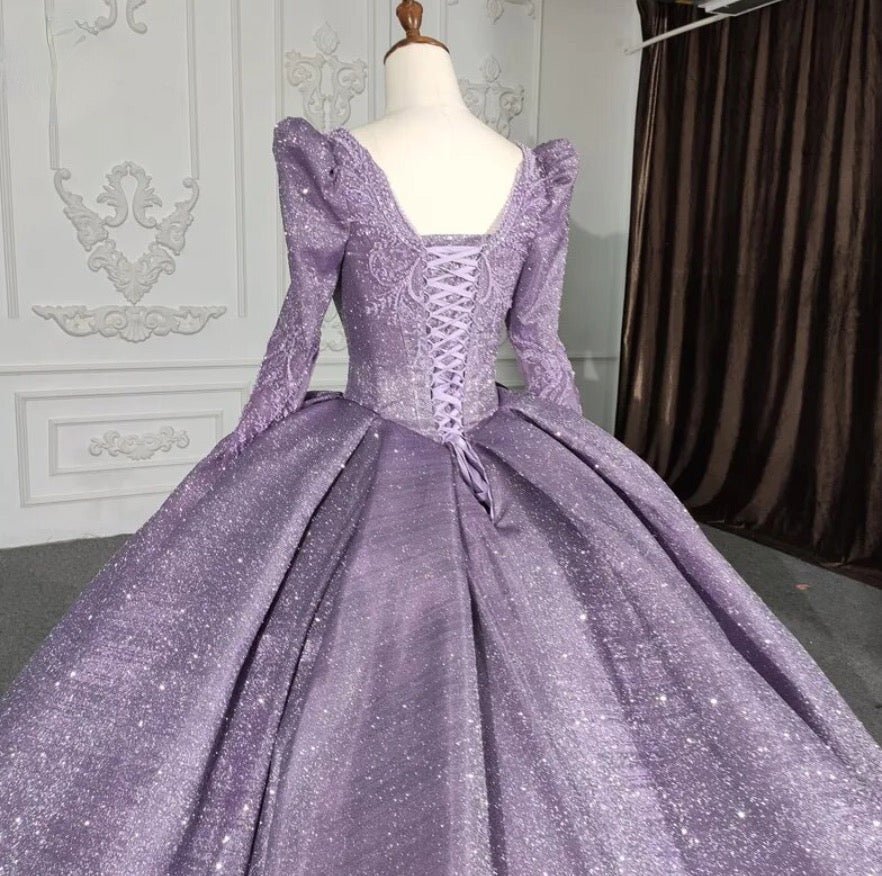 Purple Long Sleeve Full Gather Skirt A Line Party Ball Gown - KissProm