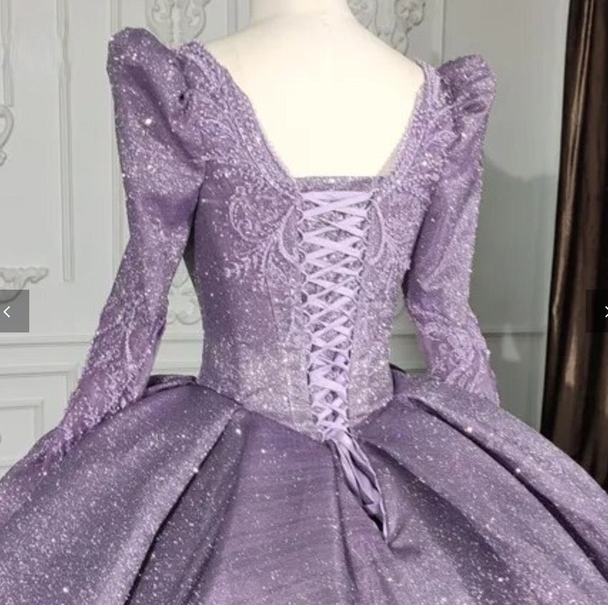 Purple Long Sleeve Full Gather Skirt A Line Party Ball Gown - KissProm