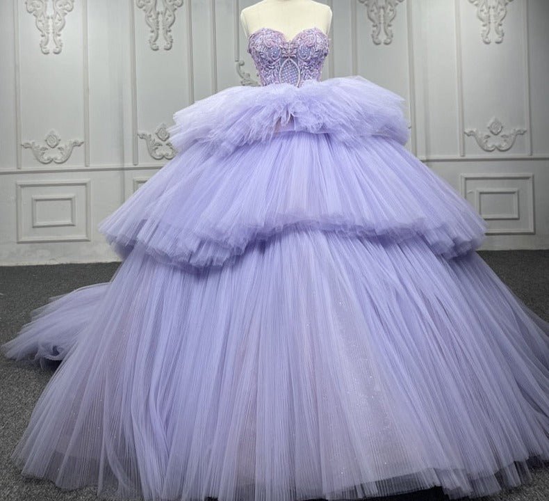 Quinceanera Dress Strapless Ball Gown Crystal Lavender - KissProm