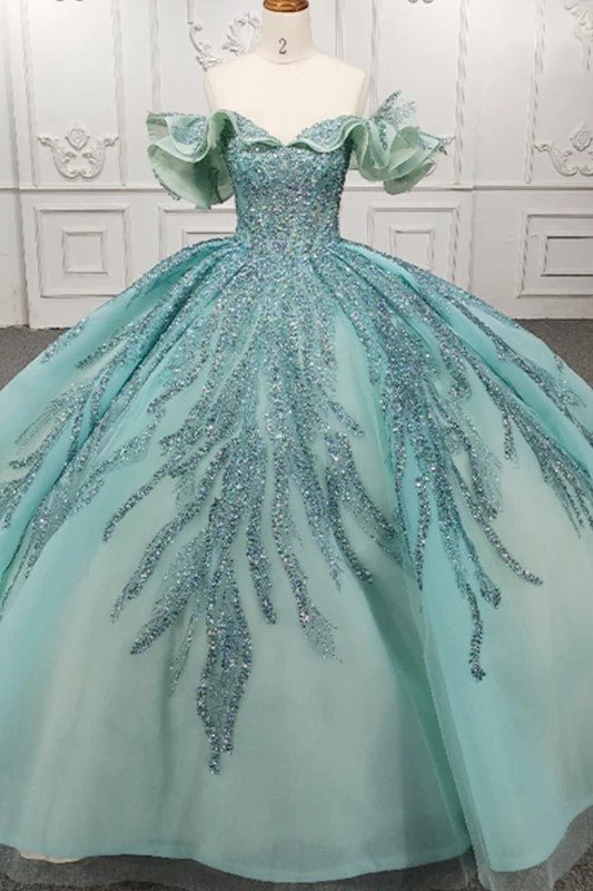 Quinceanera Dress Stylish Off - the - shoulder Party Dresses Crystal Beading Ball Gown - KissProm