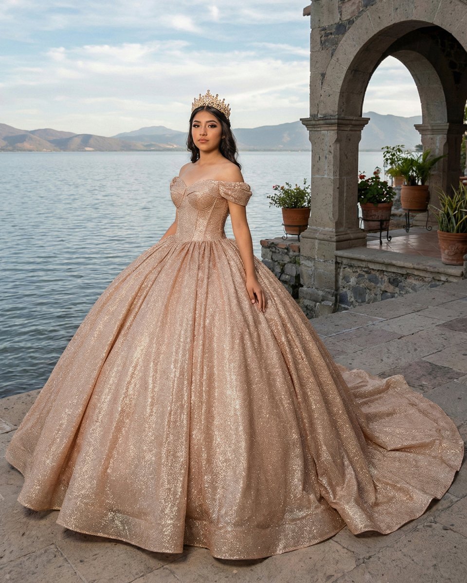 Champagne Sparkle Ball Gown Off - the - Shoulder Short Sleeves Quinceanera Dress - KissProm