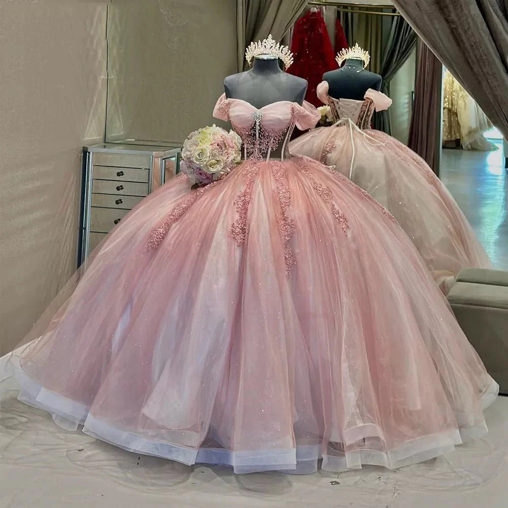 Ball-Gown Pink Off-the-Shoulder Quinceanera Dresses