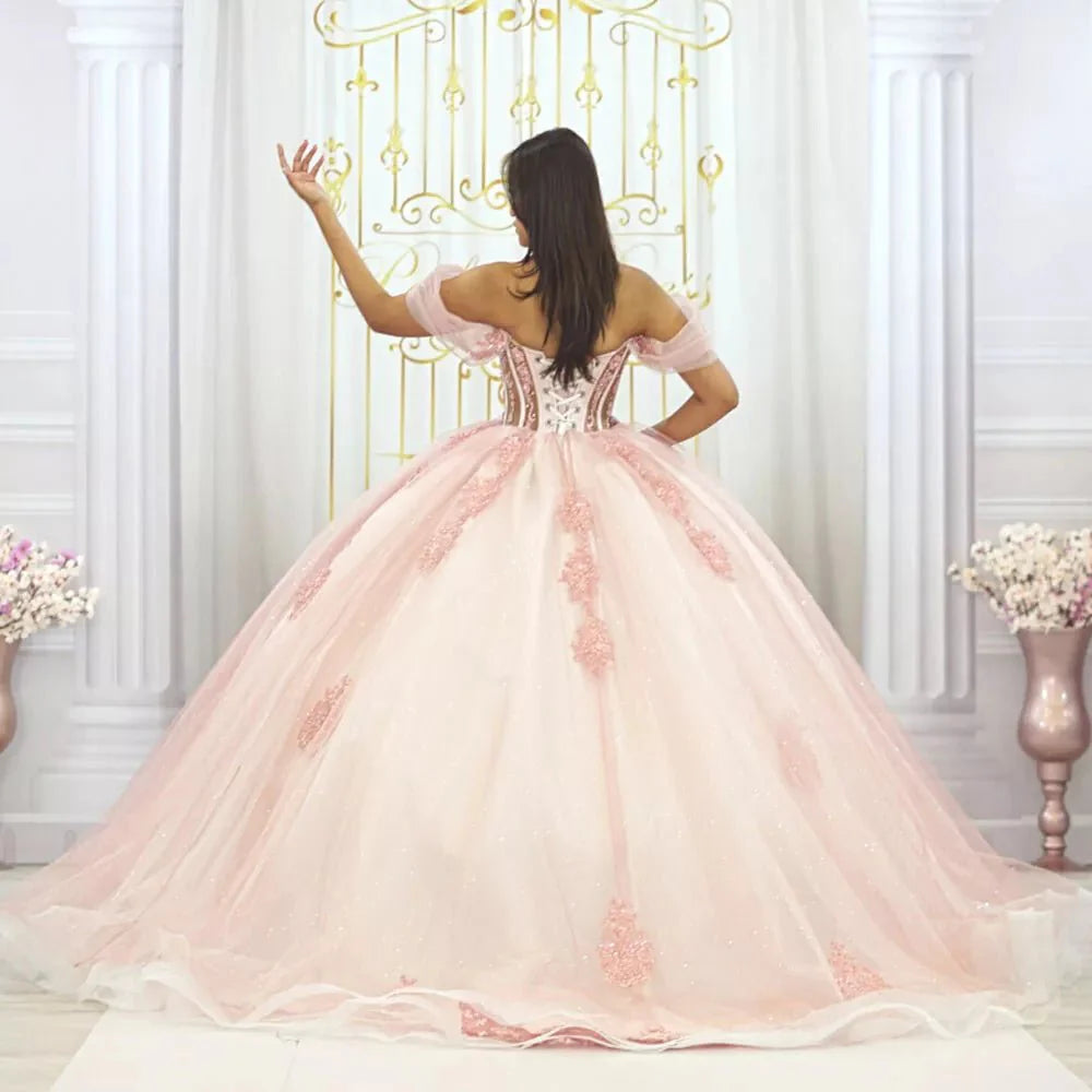Ball-Gown Pink Off-the-Shoulder Quinceanera Dresses