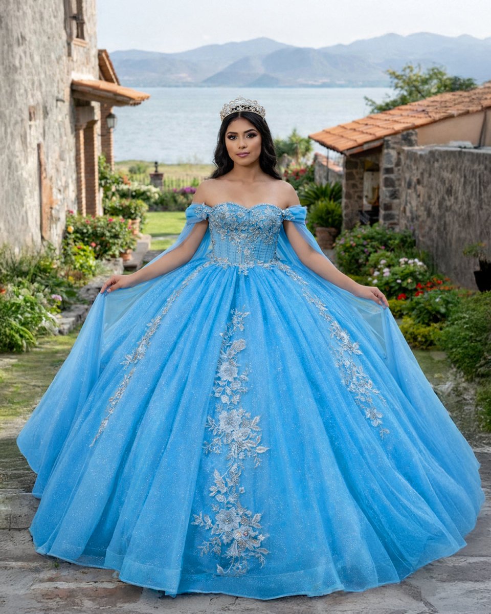 Ball - Gown Sky Blue Appliques Quinceanera Dresses with Cape - KissProm
