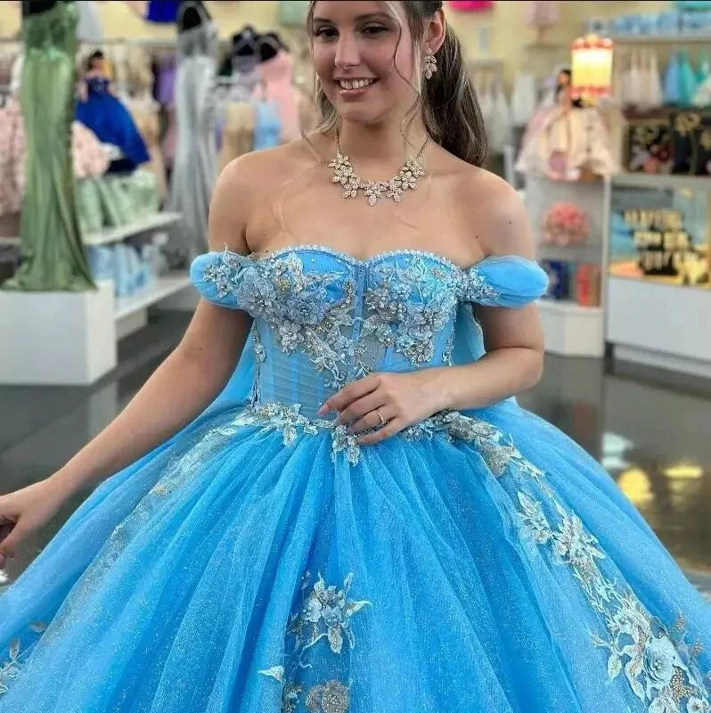 Ball - Gown Sky Blue Appliques Quinceanera Dresses with Cape - KissProm