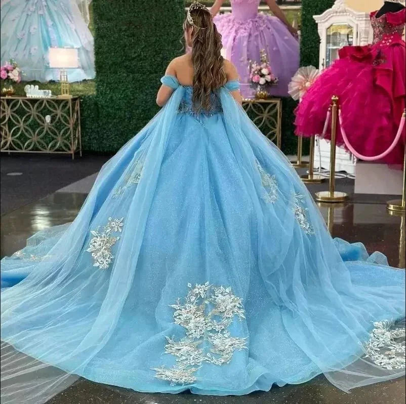 Ball - Gown Sky Blue Appliques Quinceanera Dresses with Cape - KissProm