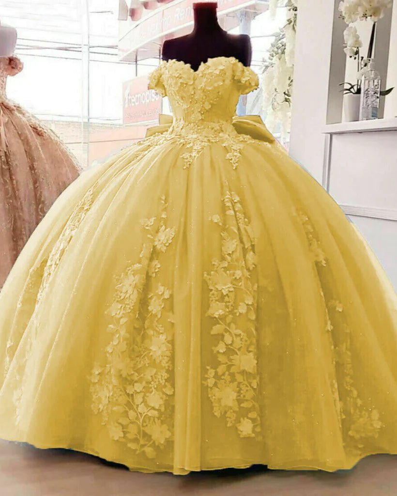 Big Bow Floral Flower Lace Applique Off Shoulder Ball Gown Quinceanera Dresses