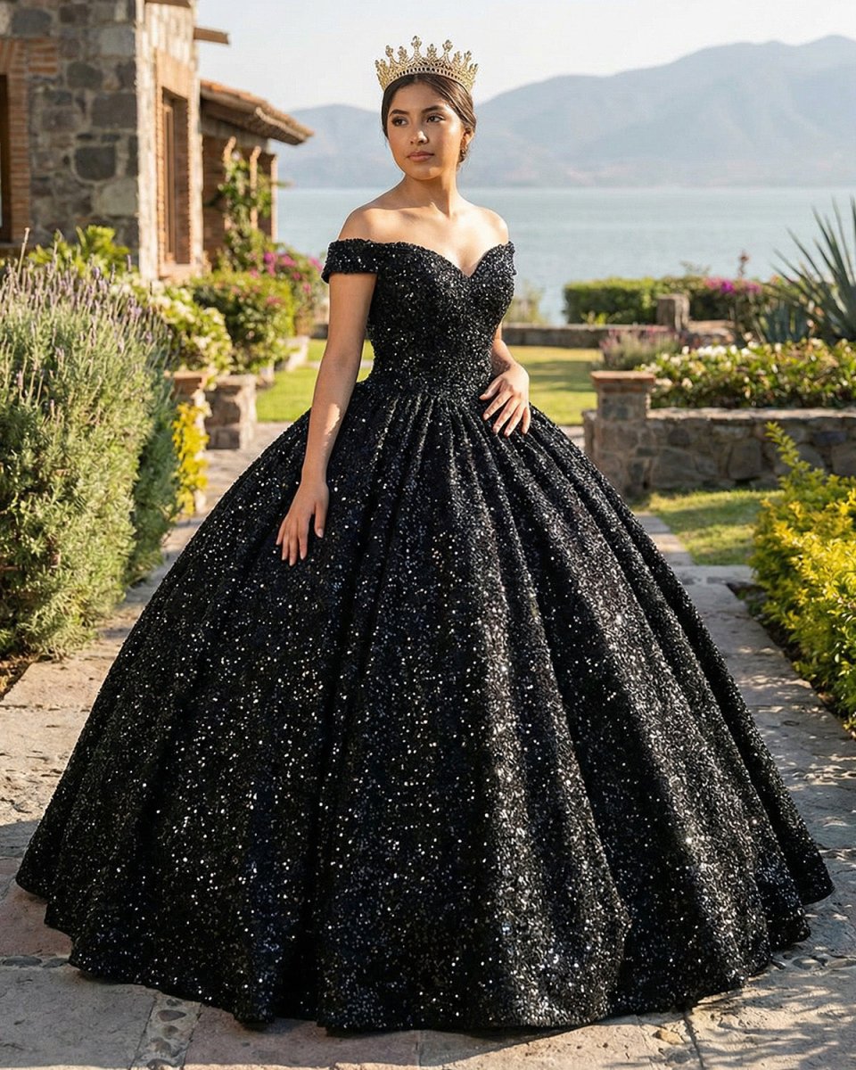 Quinceanera Dress Black Ball Gown Quinceanera Dresses Off Shoulder - KissProm