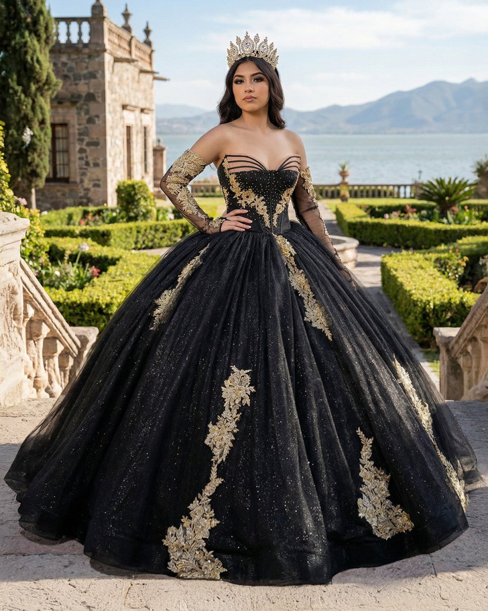 Black Long Sleeves Strapless Quinceanera Dresses with Appliques - KissProm