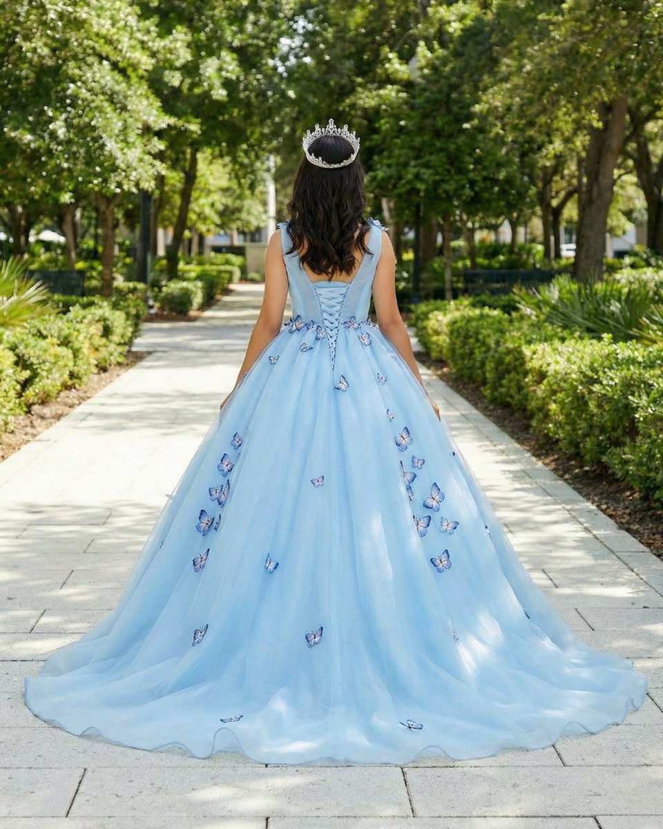 Quinceanera Dress Sky Blue Butterfly Flowers Lace Up Ball Gowns Long Prom Dresses - KissProm