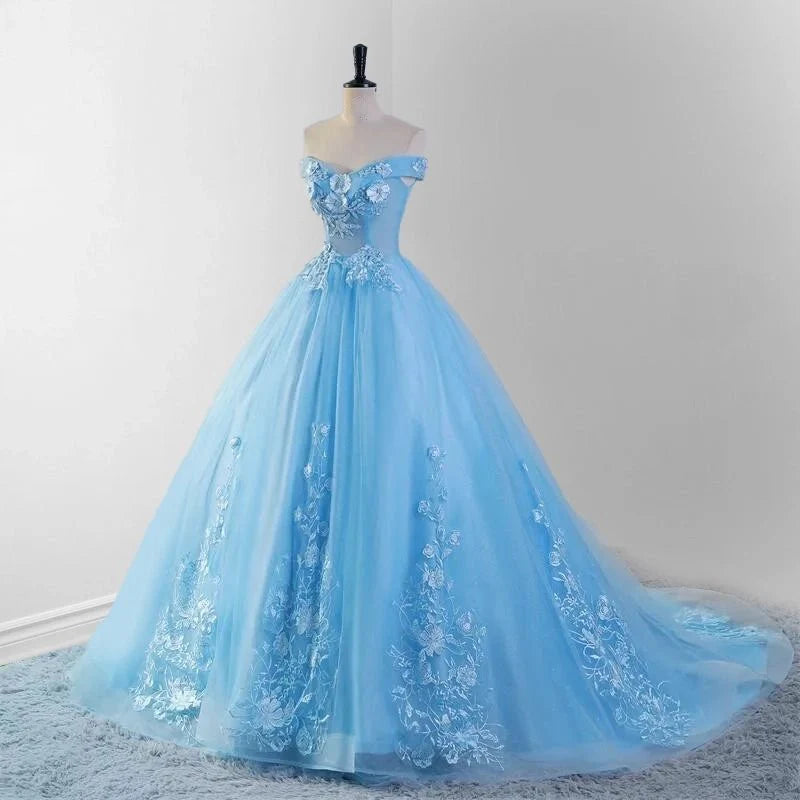 Sky Blue Lace Dress 3D Flowers Quinceanera Dresses with Train