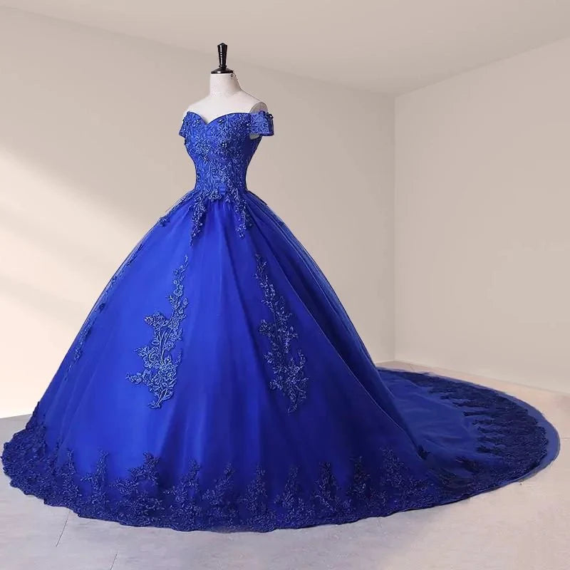 Royal Blue Lace Off the Shoulder Quinceanera Dresses with Flowers