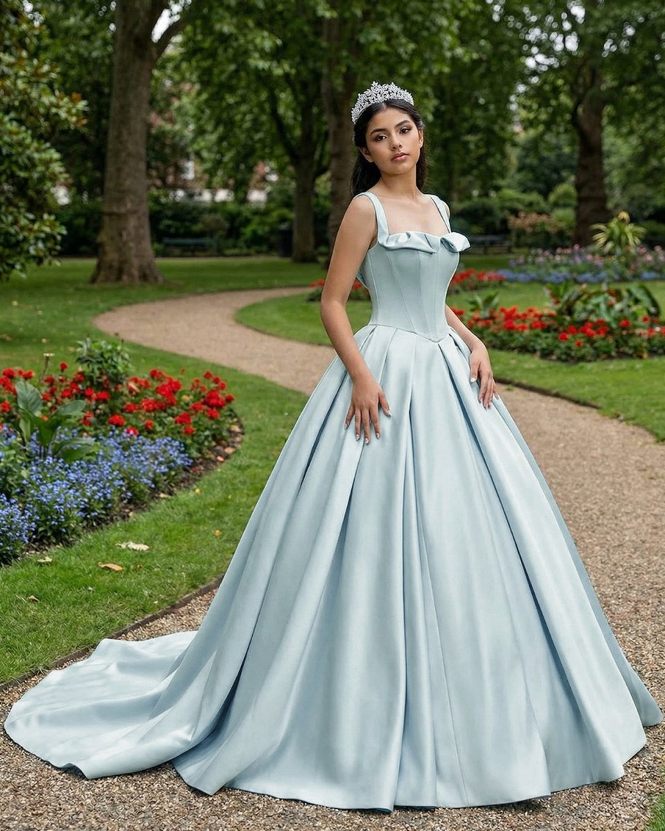 Sky Blue Satin Long Ball Gown Quinceanera Dresses - KissProm