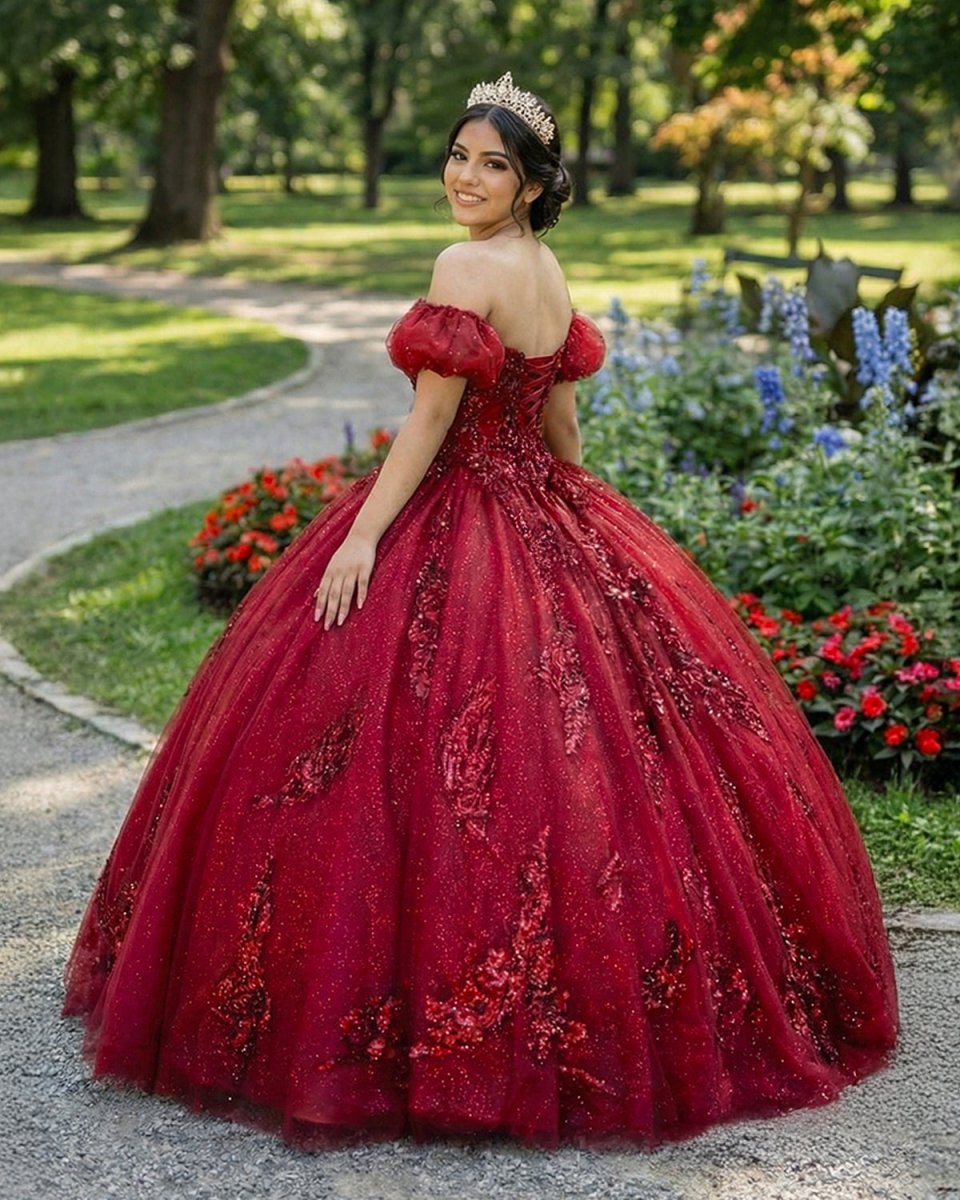 Quinceanera Dress Burgundy Off Shoulder Tulle Lace Long Prom Dresses - KissProm