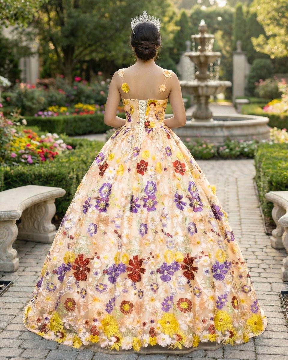 Quinceanera Dress Champagne A - line Flowers Long Prom Dress - KissProm